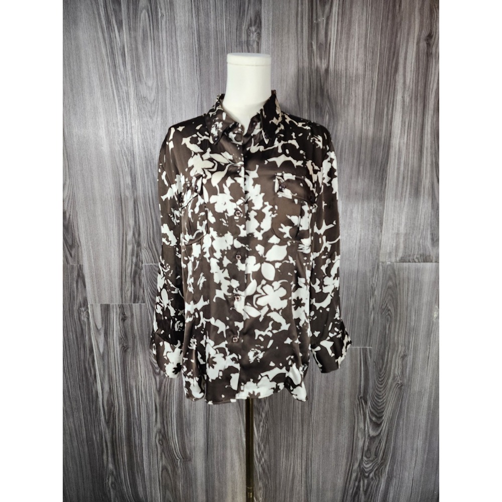 New York & Company Brown White Abstract Floral Button Down Blouse XL Long Sleeve